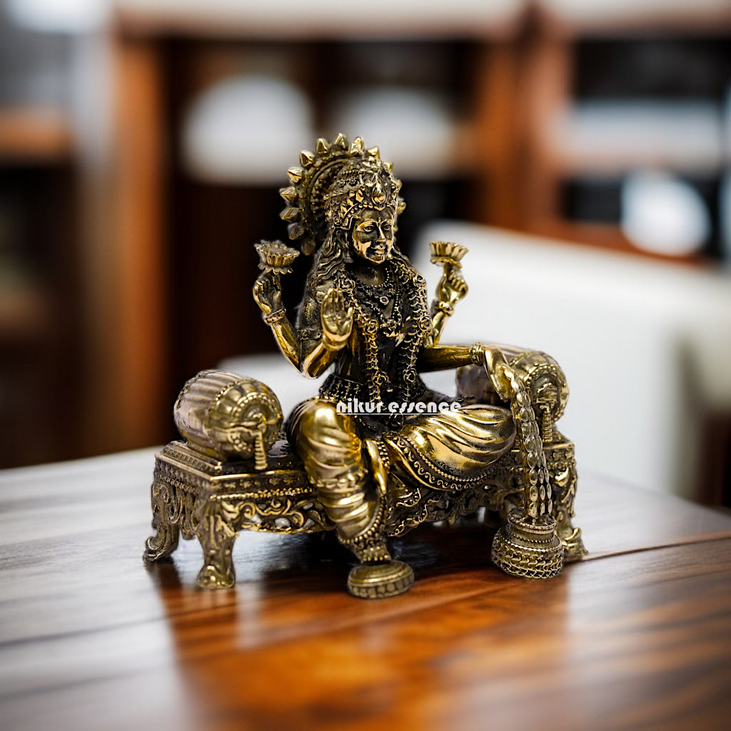 Goddess Dhan Lakshmi Seated on singhasan Brass idol - 4 Inches Nikuressence