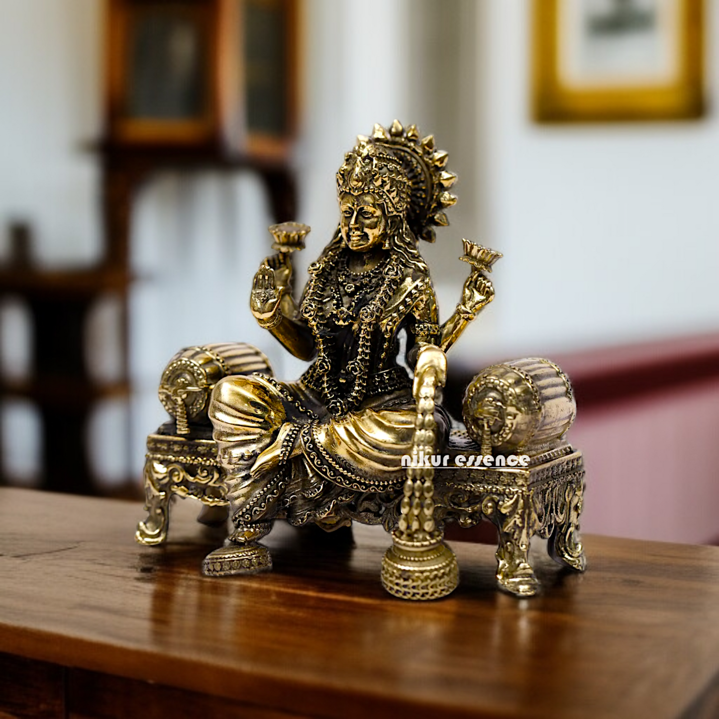 Goddess Dhan Lakshmi Seated on singhasan Brass idol - 4 Inches Nikuressence