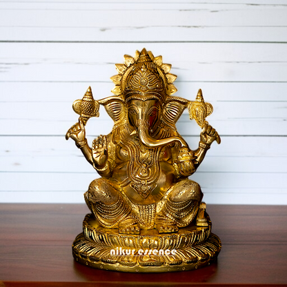 Vinayaka Elephant God seated on Lotus pure Brass idol - 9.5 Inches Nikuressence