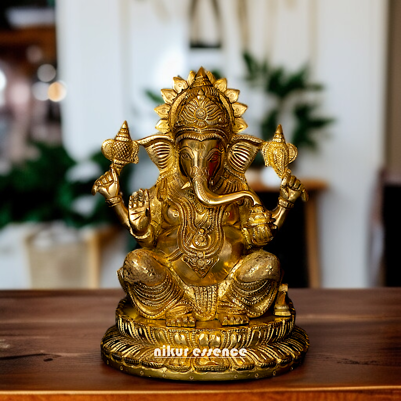 Vinayaka Elephant God seated on Lotus pure Brass idol - 9.5 Inches Nikuressence