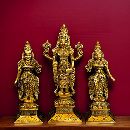 Lord vishnu Bhagwan with Lakshmi Maa and bhuma devi standing Solid Brass idol - 11.5 Inches Nikuressence