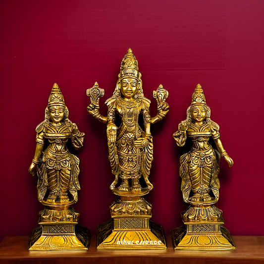 Lord vishnu Bhagwan with Lakshmi Maa and bhuma devi standing Solid Brass idol - 11.5 Inches Nikuressence