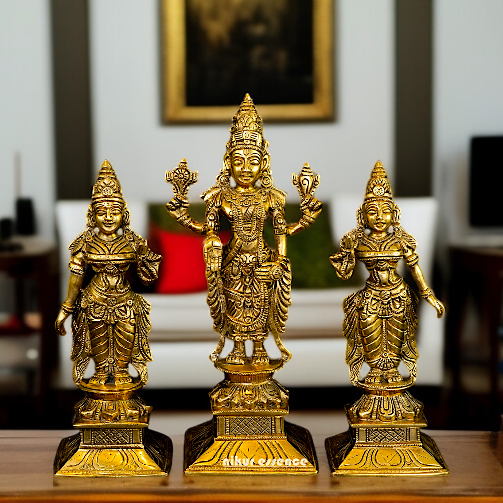 Lord vishnu Bhagwan with Lakshmi Maa and bhuma devi standing Solid Brass idol - 11.5 Inches Nikuressence