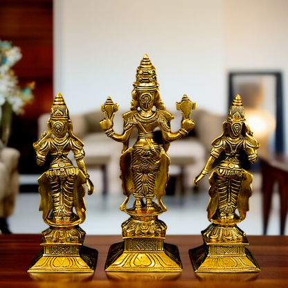 Lord vishnu Bhagwan with Lakshmi Maa and bhuma devi standing Solid Brass idol - 11.5 Inches Nikuressence