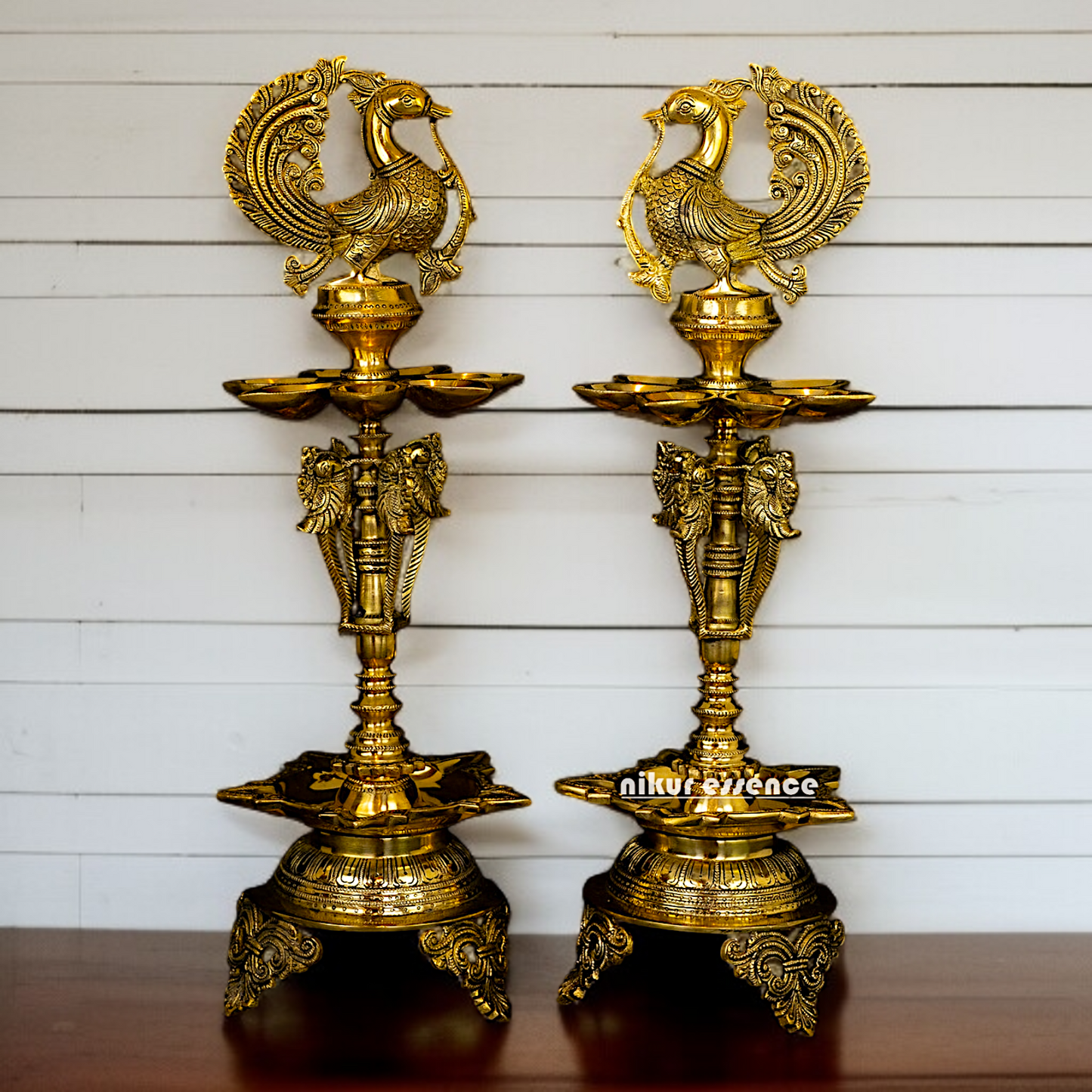 Big peacock diya lamps standing Solid Brass Pair - 23 Inches Nikuressence