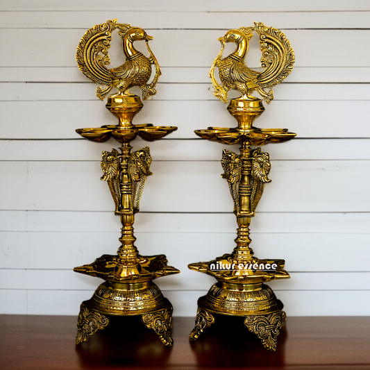 Big peacock diya lamps standing Solid Brass Pair - 23 Inches Nikuressence
