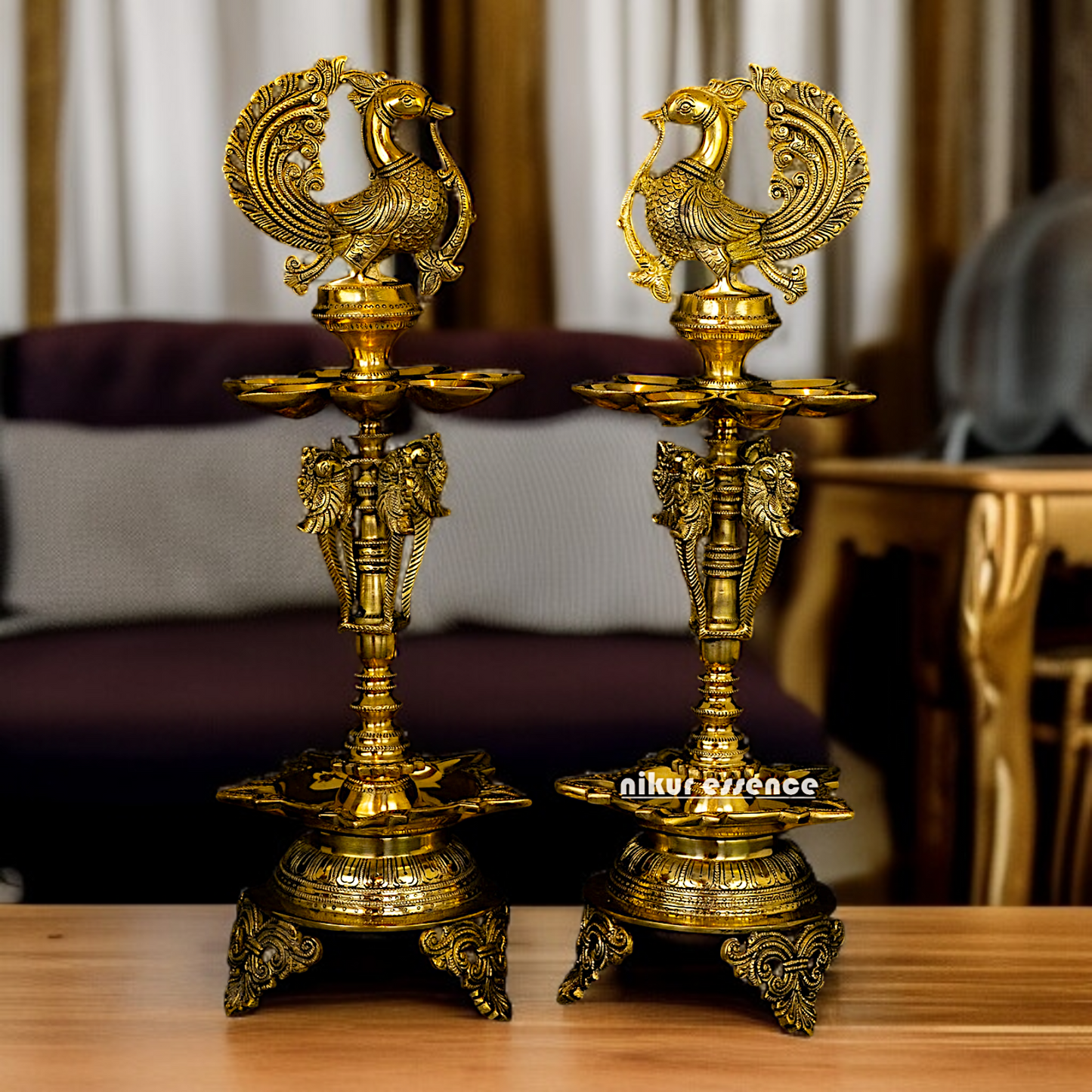 Big peacock diya lamps standing Solid Brass Pair - 23 Inches Nikuressence
