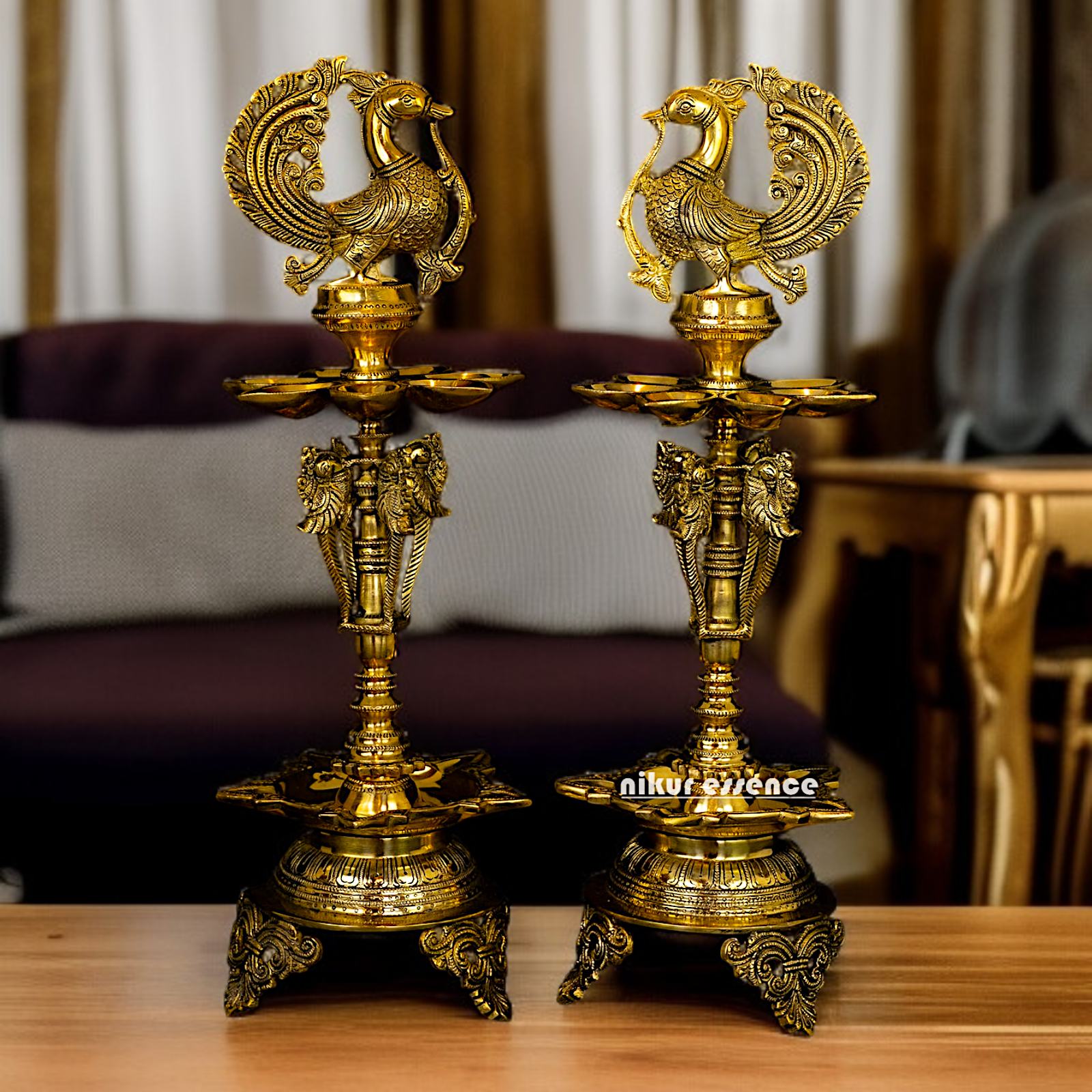 Big peacock diya lamps standing Solid Brass Pair - 23 Inches Nikuressence
