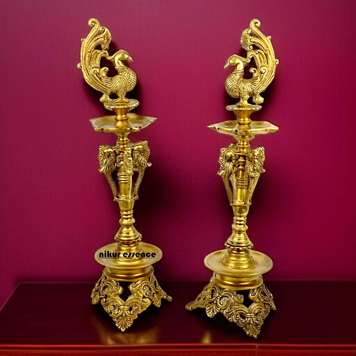 Peacock Pair Diya lamps with stand Solid Brass - 23 Inches Nikuressence