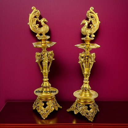 Peacock Pair Diya lamps with stand Solid Brass - 23 Inches Nikuressence
