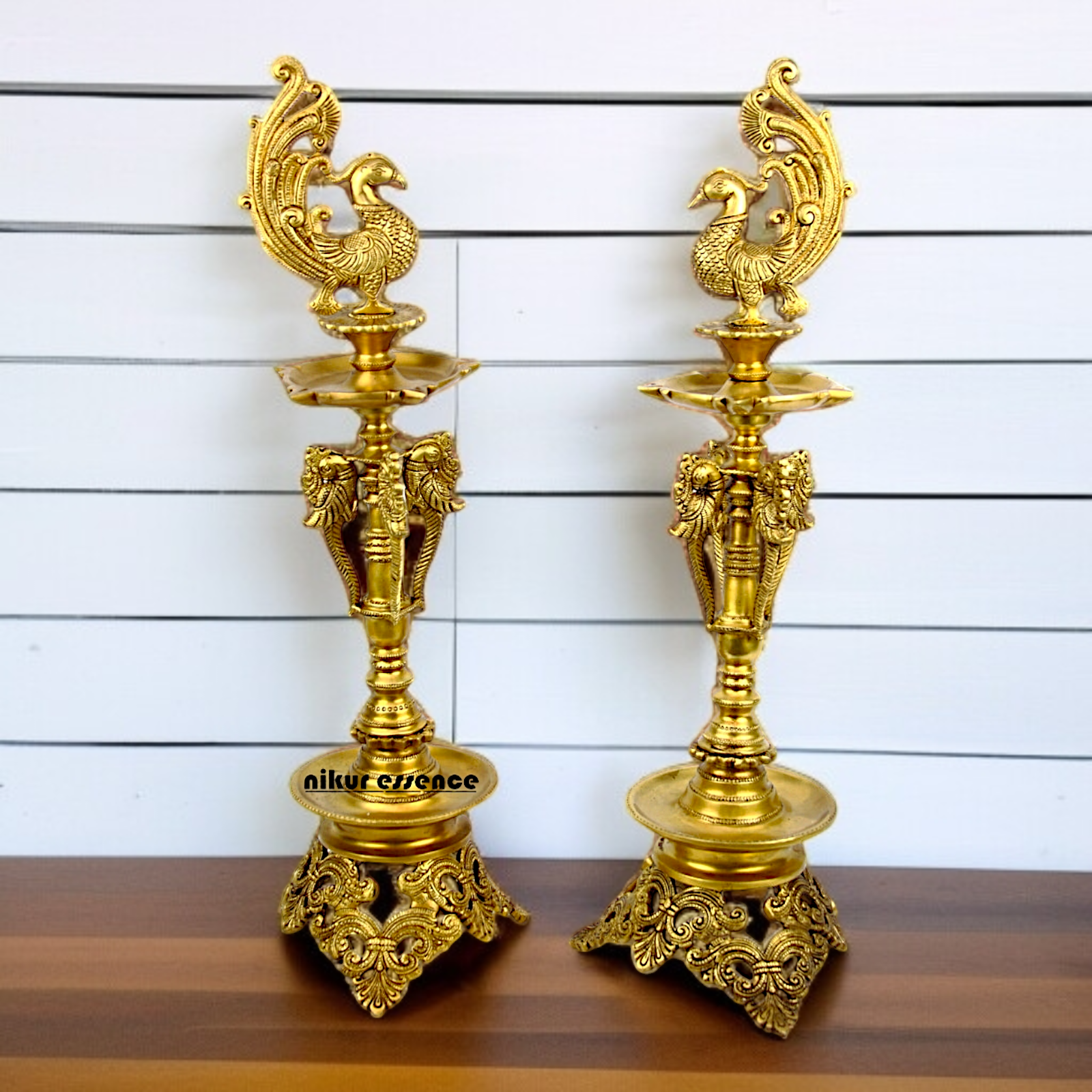 Peacock Pair Diya lamps with stand Solid Brass - 23 Inches Nikuressence