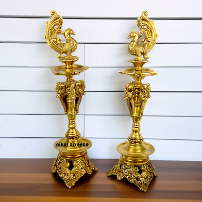 Peacock Pair Diya lamps with stand Solid Brass - 23 Inches Nikuressence
