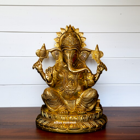 Pure Brass Ganesha Blessing with seated idol - 9.5 Inches Nikuressence