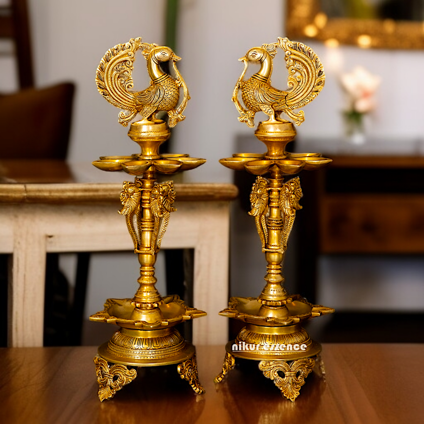 Pair Birds Diya lamp with stand Solid Brass - 23 Inches Nikuressence