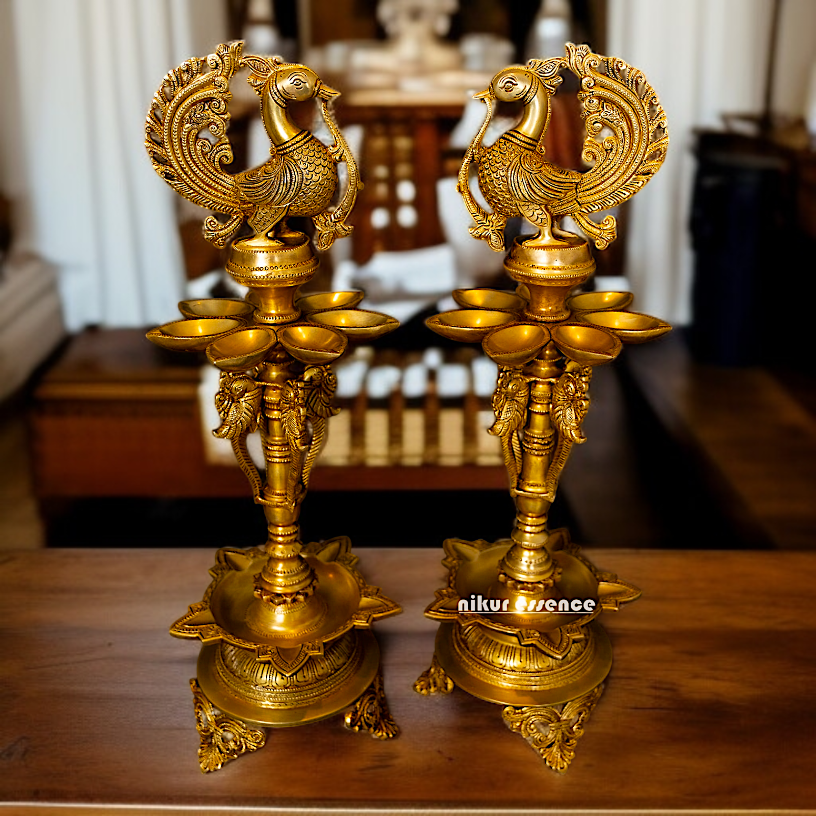Pair Birds Diya lamp with stand Solid Brass - 23 Inches Nikuressence