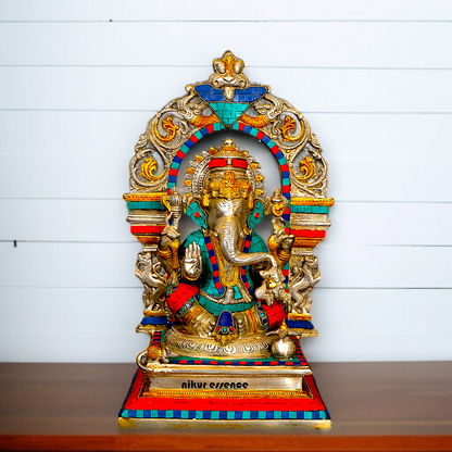 Brass Ganesh Vinayaka Blessing seated on singhasan with stone work idol - 15 Inches Nikuressence