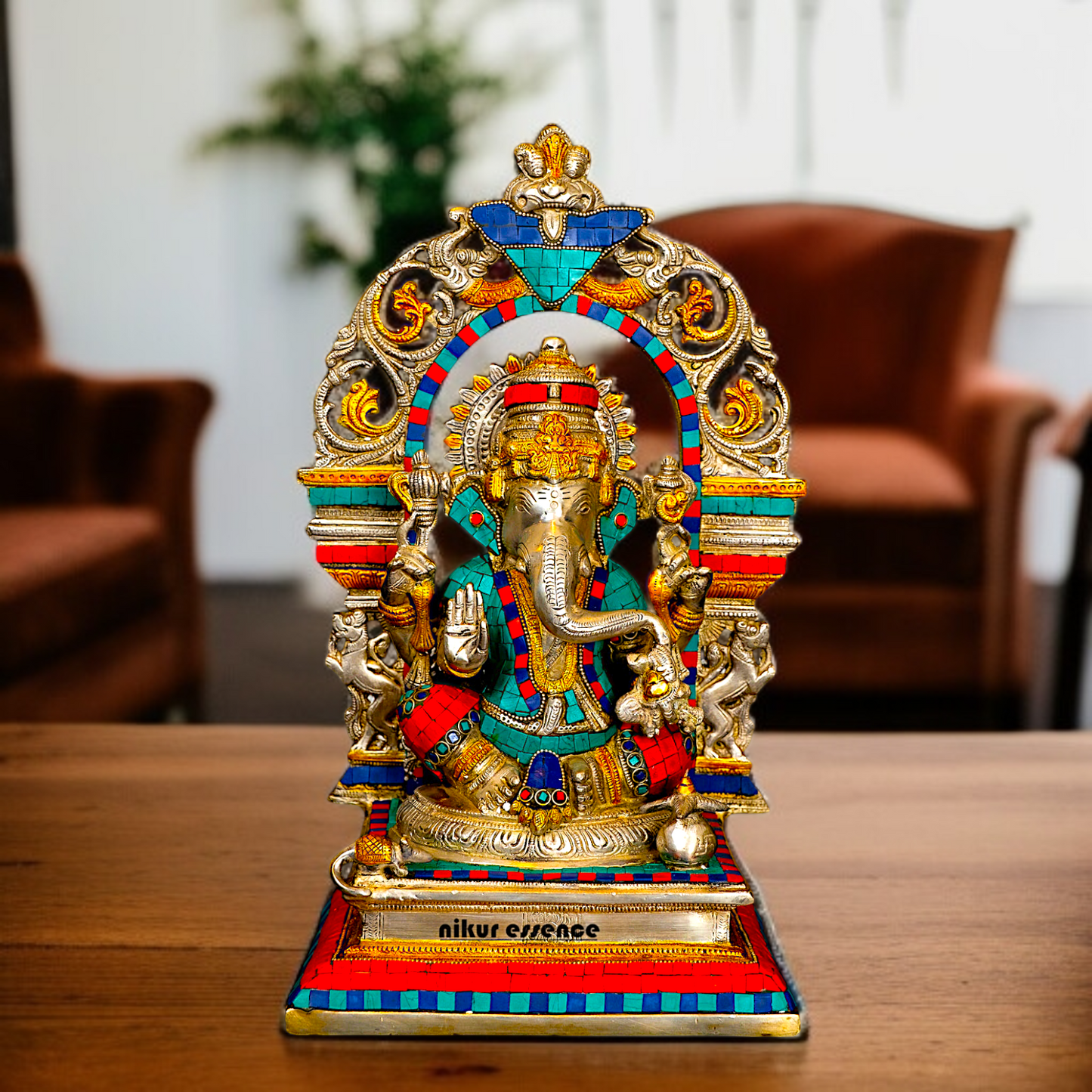 Brass Ganesh Vinayaka Blessing seated on singhasan with stone work idol - 15 Inches Nikuressence