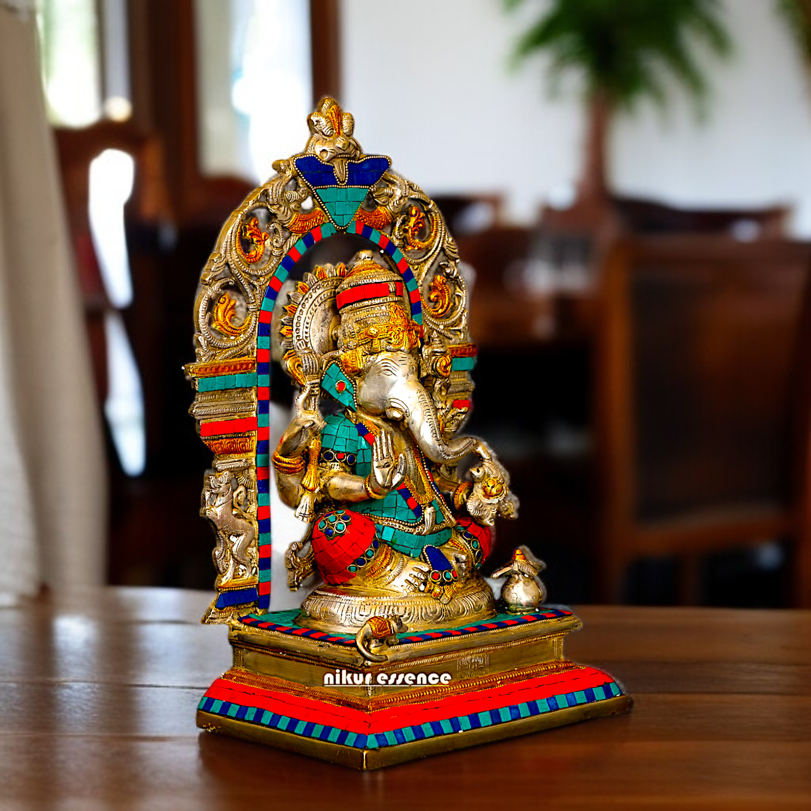 Brass Ganesh Vinayaka Blessing seated on singhasan with stone work idol - 15 Inches Nikuressence