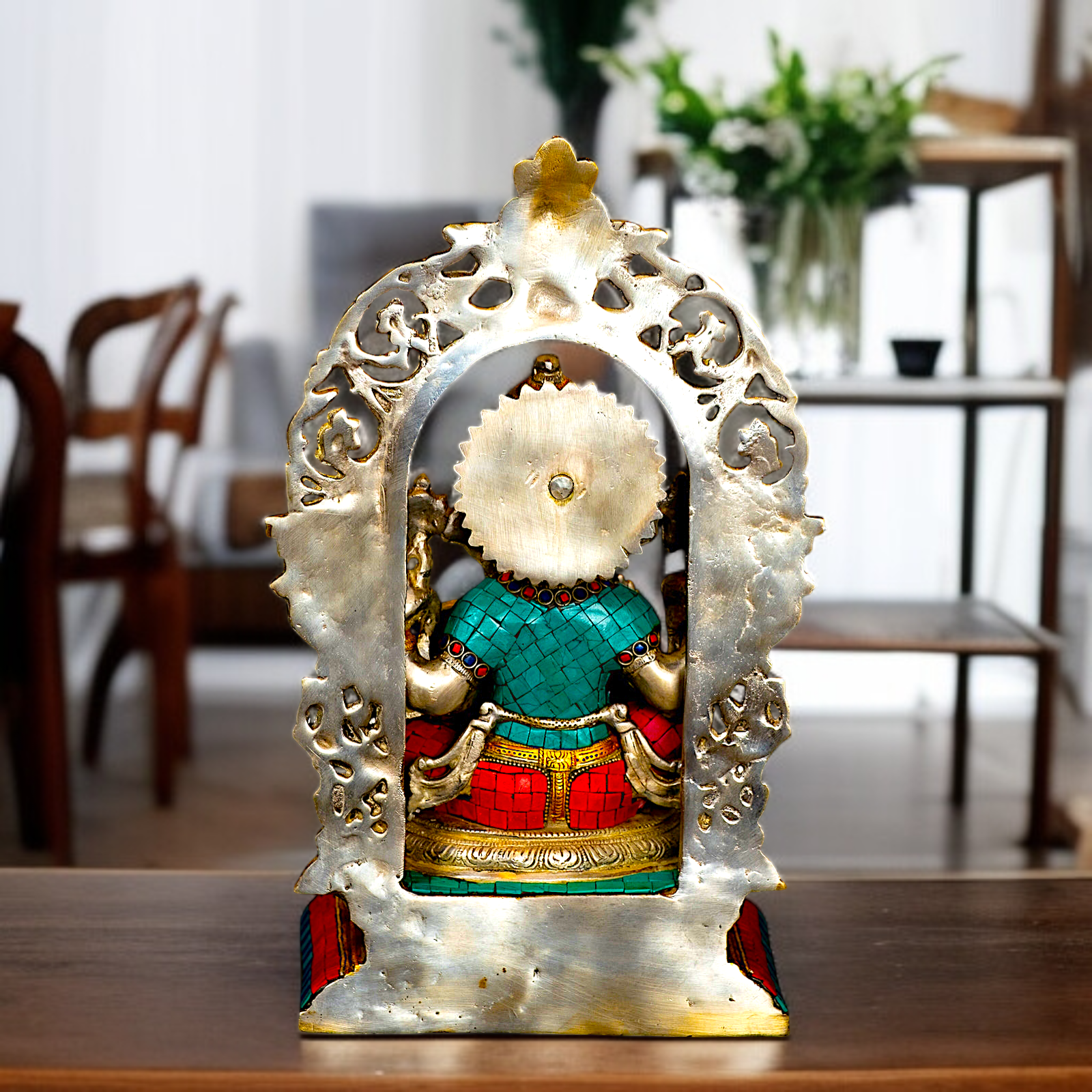 Brass Ganesh Vinayaka Blessing seated on singhasan with stone work idol - 15 Inches Nikuressence