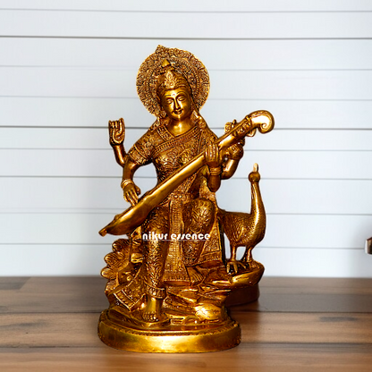 Pure Brass Saraswati Devi Playing Veena statue - 15 Inches Nikuressence