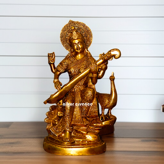 Pure Brass Saraswati Devi Playing Veena statue - 15 Inches Nikuressence
