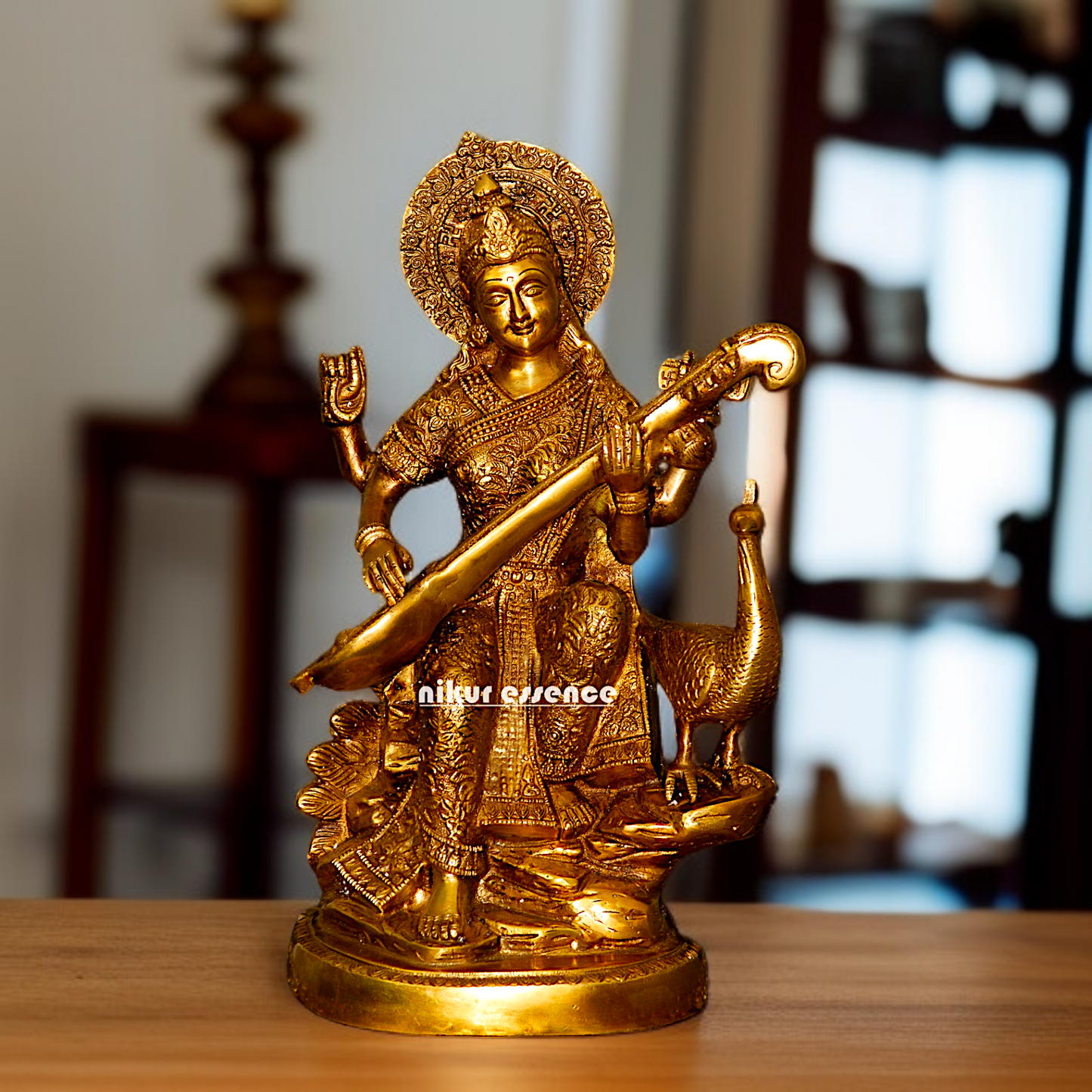 Pure Brass Saraswati Devi Playing Veena statue - 15 Inches Nikuressence