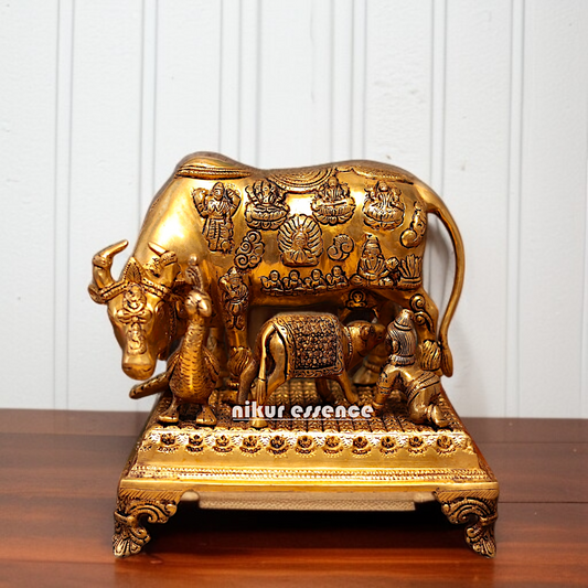 Pure Brass kamadhenu cow with calf Krishna and peacock statue - 10.5 Inches Nikuressence