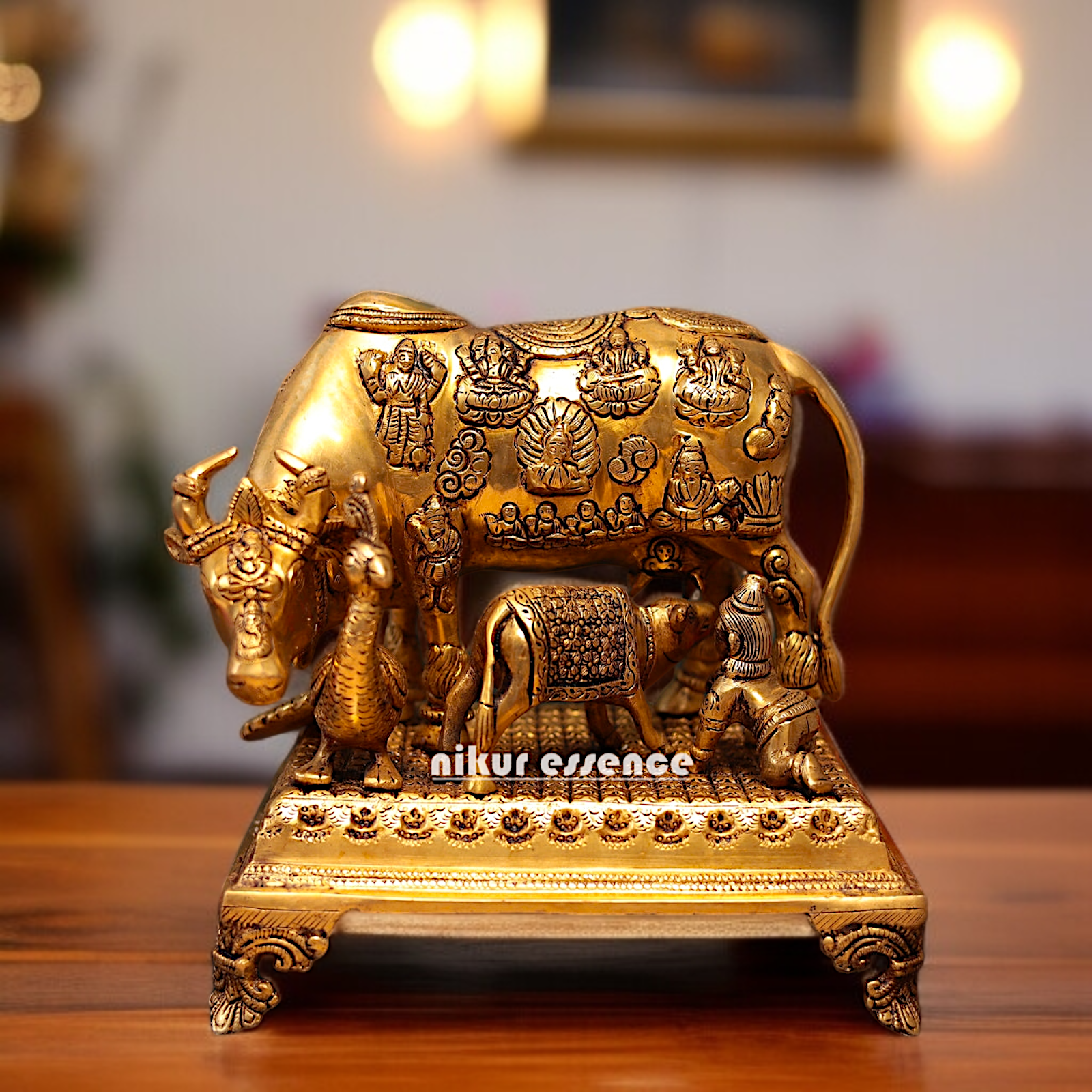 Pure Brass kamadhenu cow with calf Krishna and peacock statue - 10.5 Inches Nikuressence