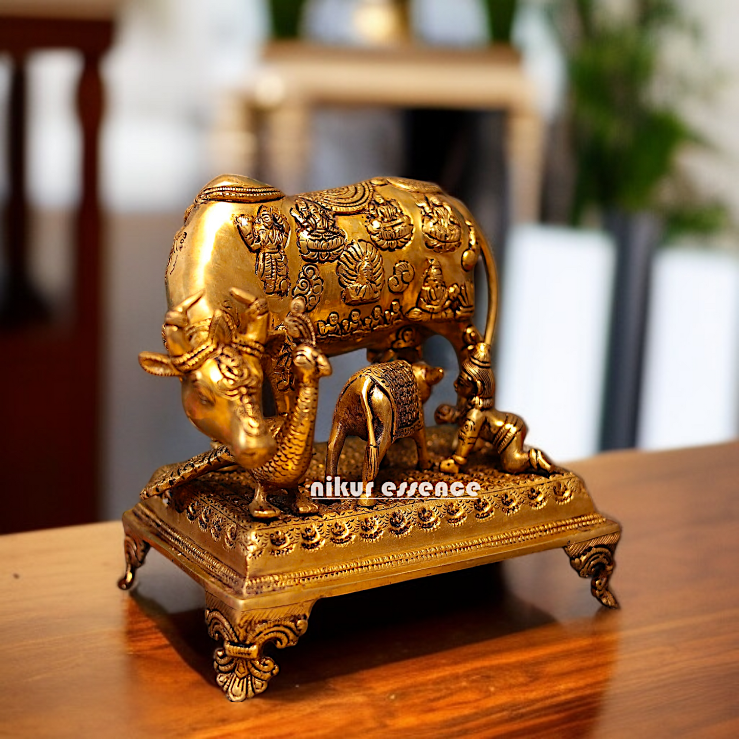 Pure Brass kamadhenu cow with calf Krishna and peacock statue - 10.5 Inches Nikuressence