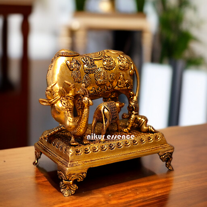 Pure Brass kamadhenu cow with calf Krishna and peacock statue - 10.5 Inches Nikuressence