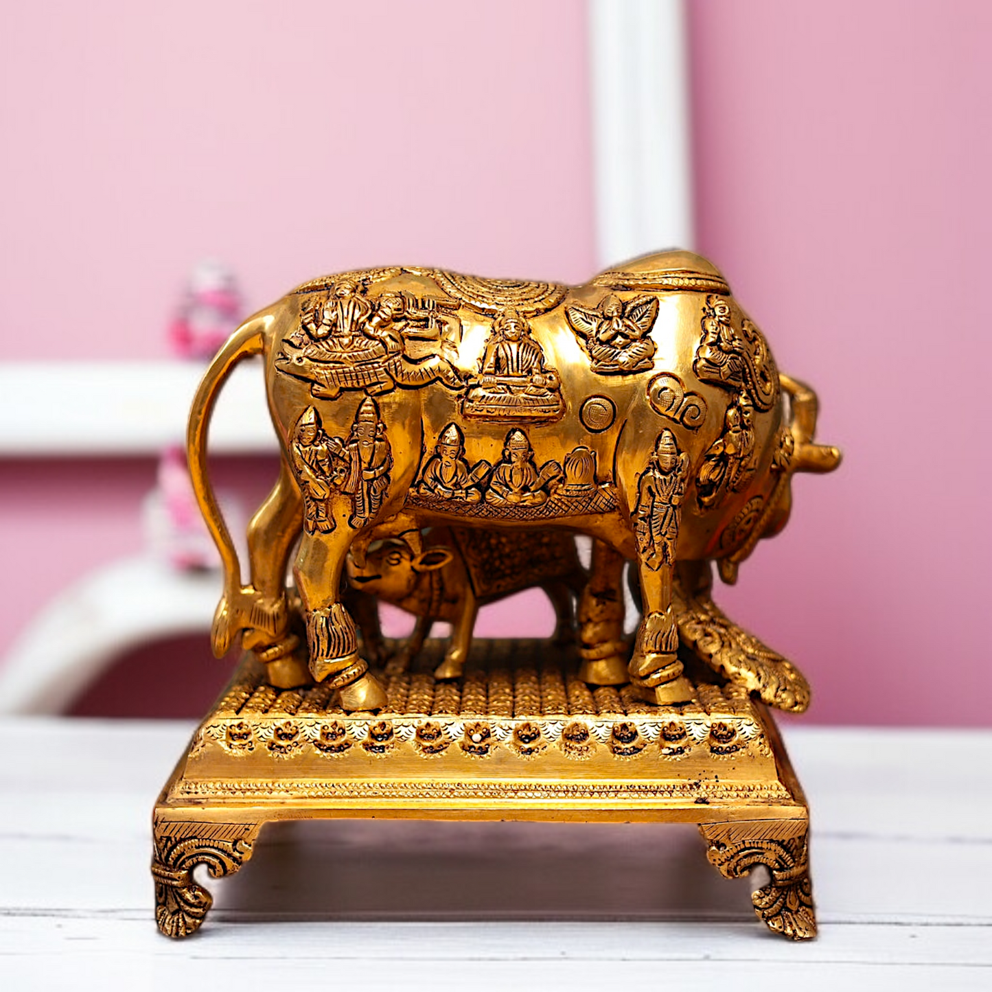 Pure Brass kamadhenu cow with calf Krishna and peacock statue - 10.5 Inches Nikuressence