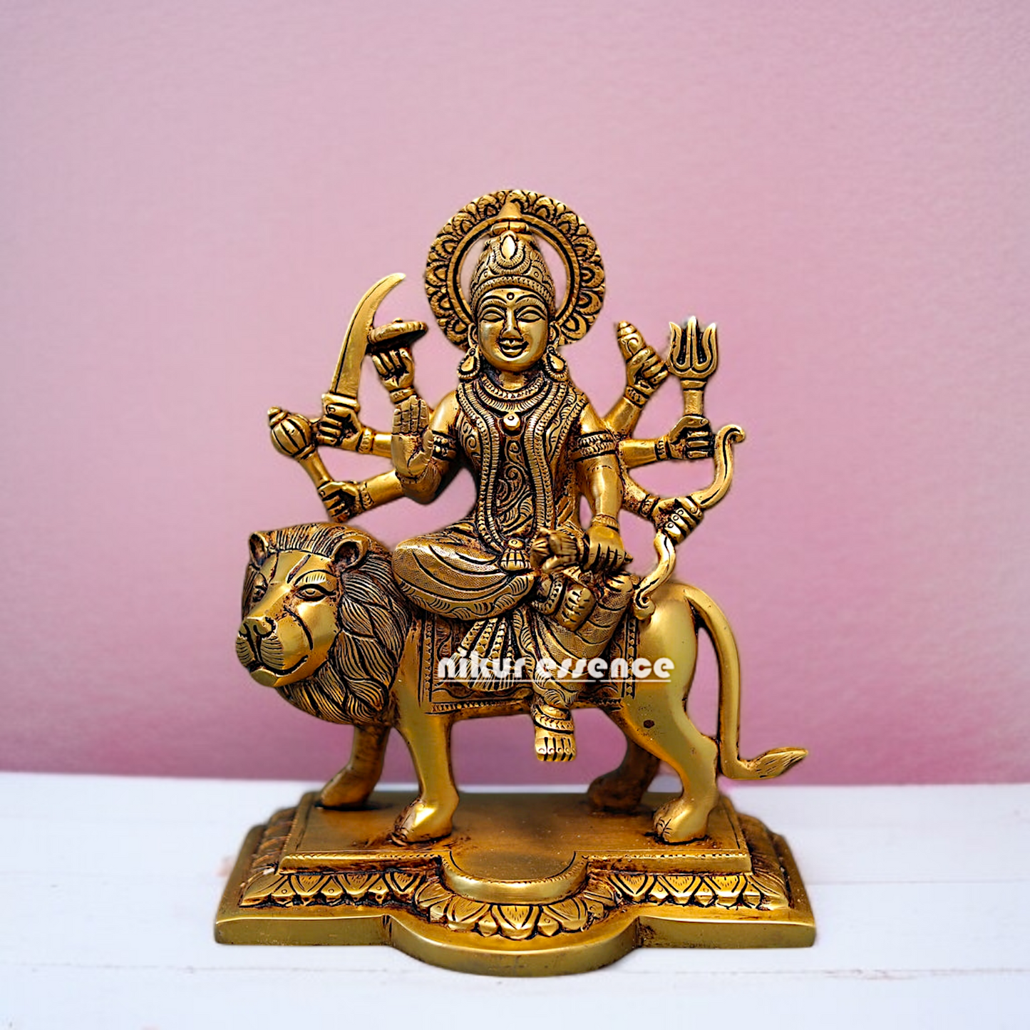 Solid Brass Durga Devi Sherawali Maa Sitting on Lion statue - 9 Inches Nikuressence