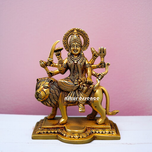 Solid Brass Durga Devi Sherawali Maa Sitting on Lion statue - 9 Inches Nikuressence