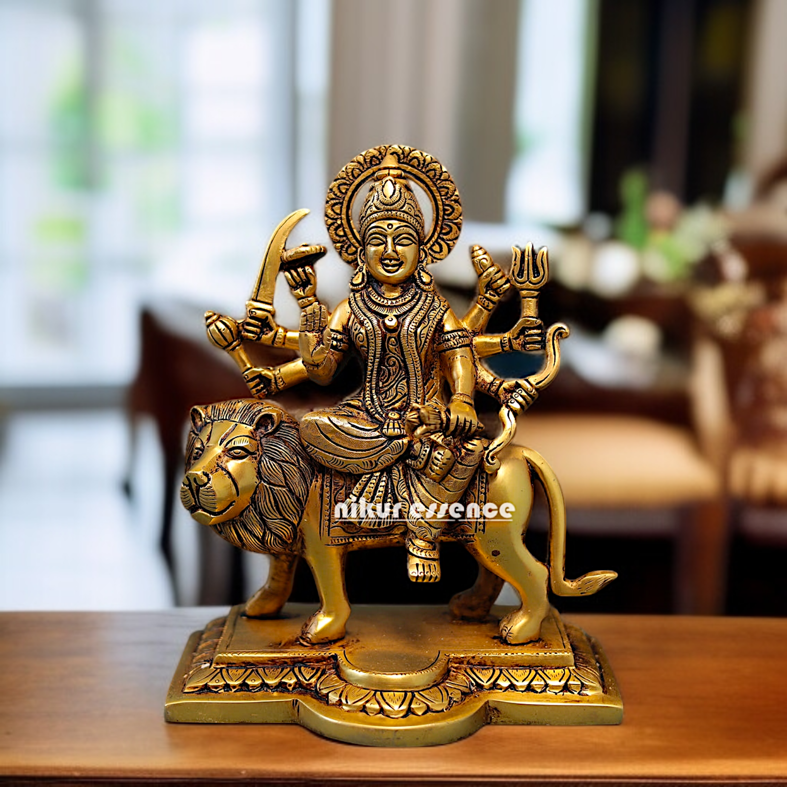 Solid Brass Durga Devi Sherawali Maa Sitting on Lion statue - 9 Inches Nikuressence