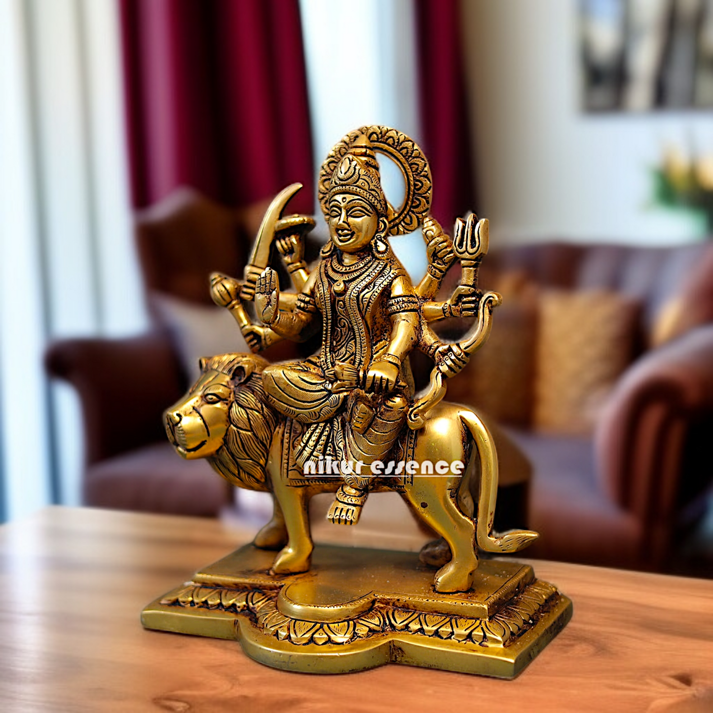 Solid Brass Durga Devi Sherawali Maa Sitting on Lion statue - 9 Inches Nikuressence