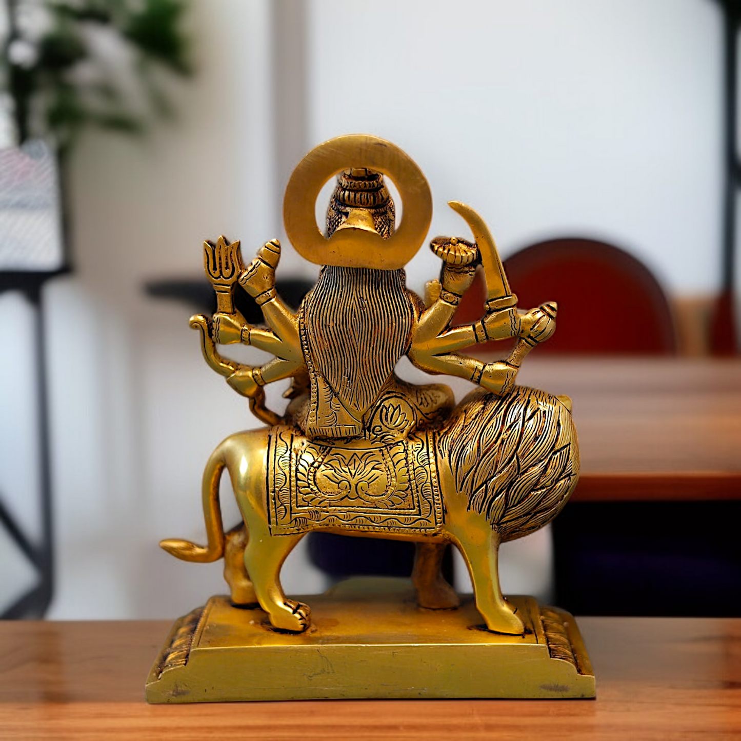 Solid Brass Durga Devi Sherawali Maa Sitting on Lion statue - 9 Inches Nikuressence