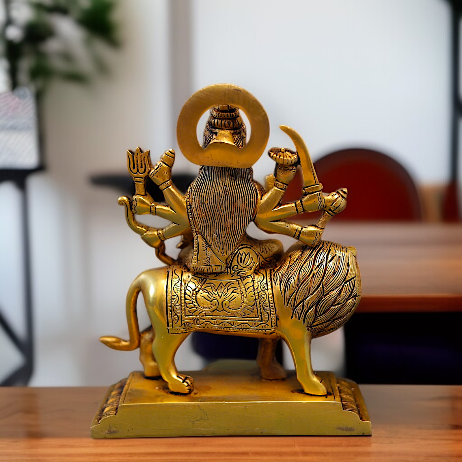 Solid Brass Durga Devi Sherawali Maa Sitting on Lion statue - 9 Inches Nikuressence