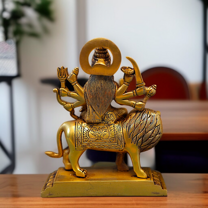Solid Brass Durga Devi Sherawali Maa Sitting on Lion statue - 9 Inches Nikuressence