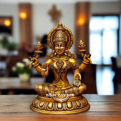 Goddess Dhan lakshmi seated with Blessing solid Brass idol - 10 Inches Nikuressence