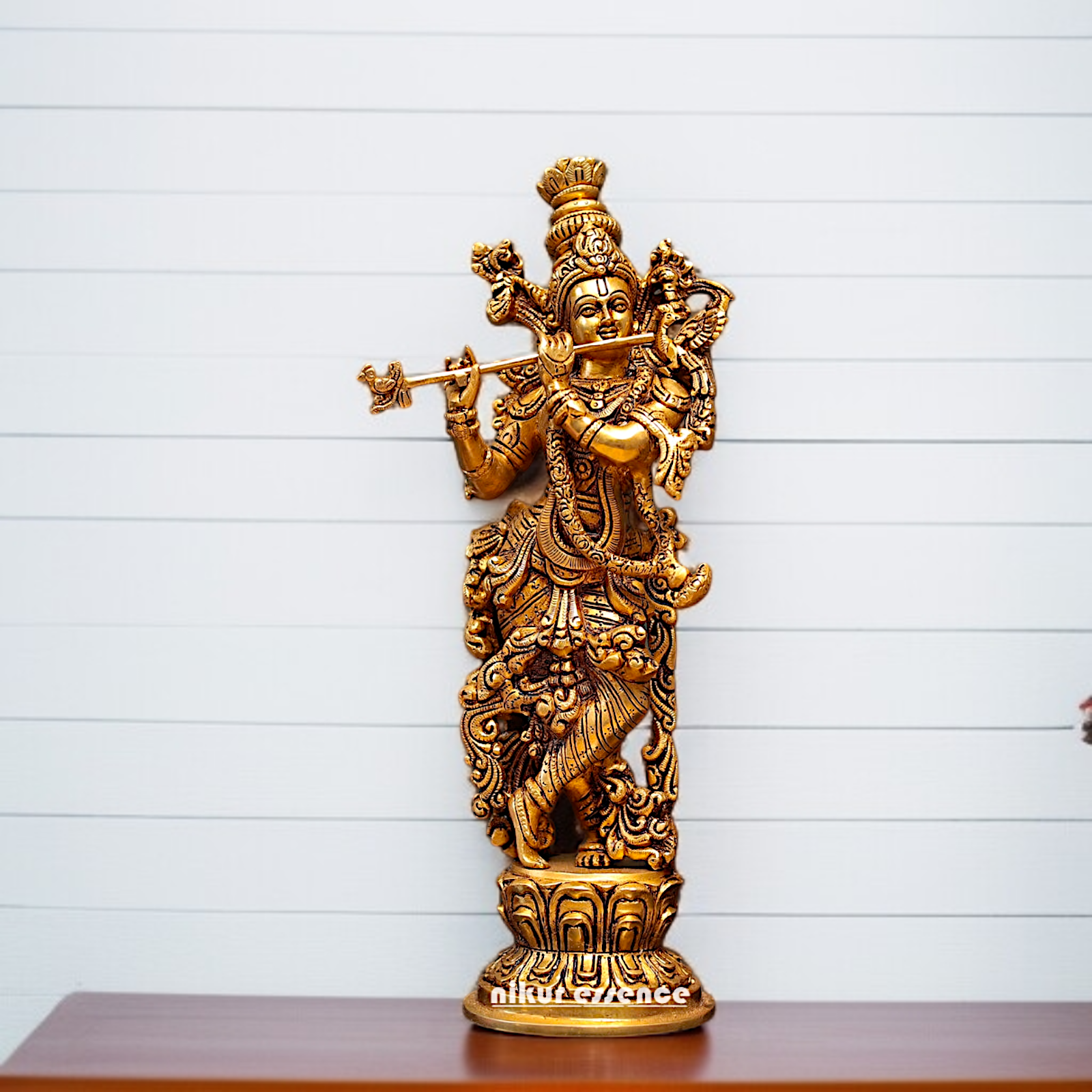Pure Brass Krishna standing with Playing Flute room decor idol - 15 Inches Nikuressence