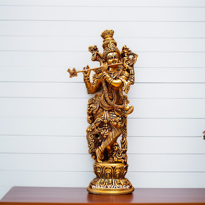 Pure Brass Krishna standing with Playing Flute room decor idol - 15 Inches Nikuressence