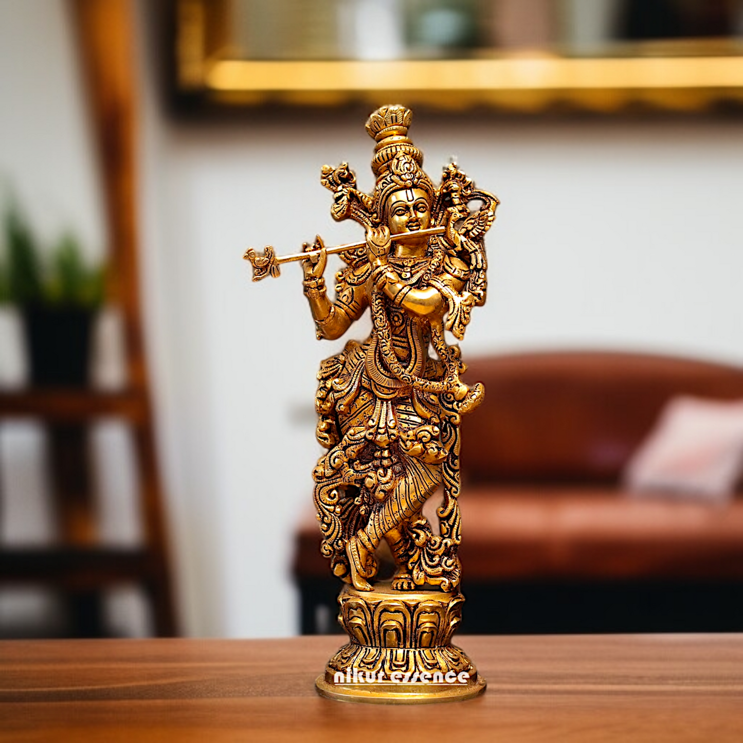 Pure Brass Krishna standing with Playing Flute room decor idol - 15 Inches Nikuressence