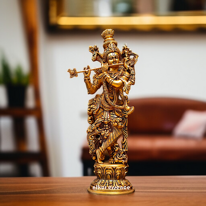 Pure Brass Krishna standing with Playing Flute room decor idol - 15 Inches Nikuressence