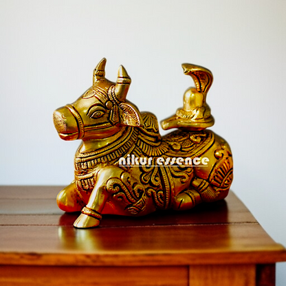 Brass Nandi with shivling and sheshnag statue - 6 Inches Nikuressence