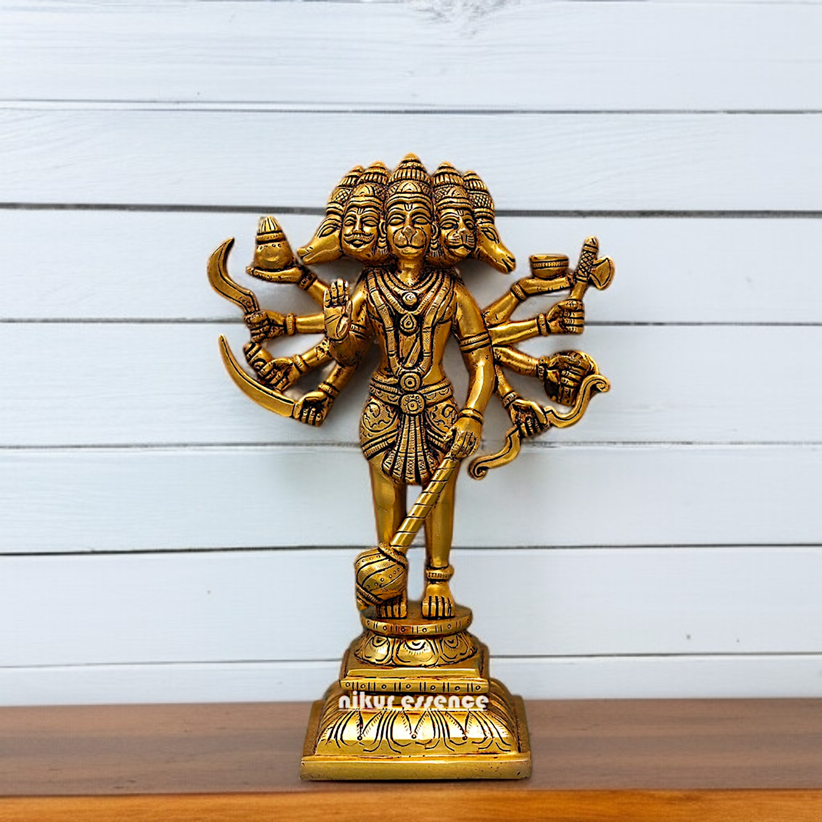 Panchmukhi Hanuman Standing with hold Gada solid brass idol - 11 Inches Nikuressence