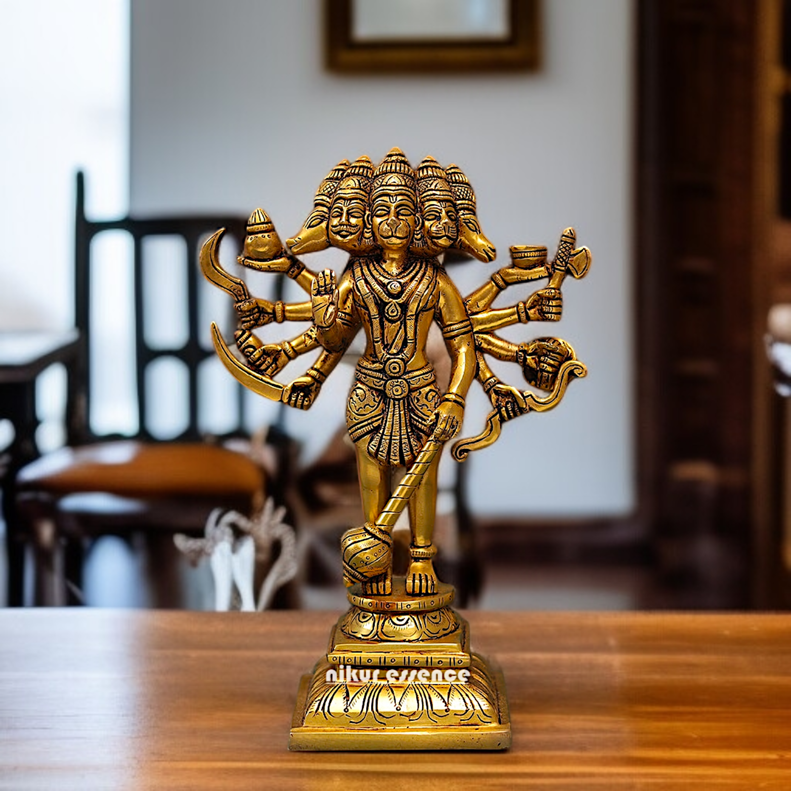 Panchmukhi Hanuman Standing with hold Gada solid brass idol - 11 Inches Nikuressence