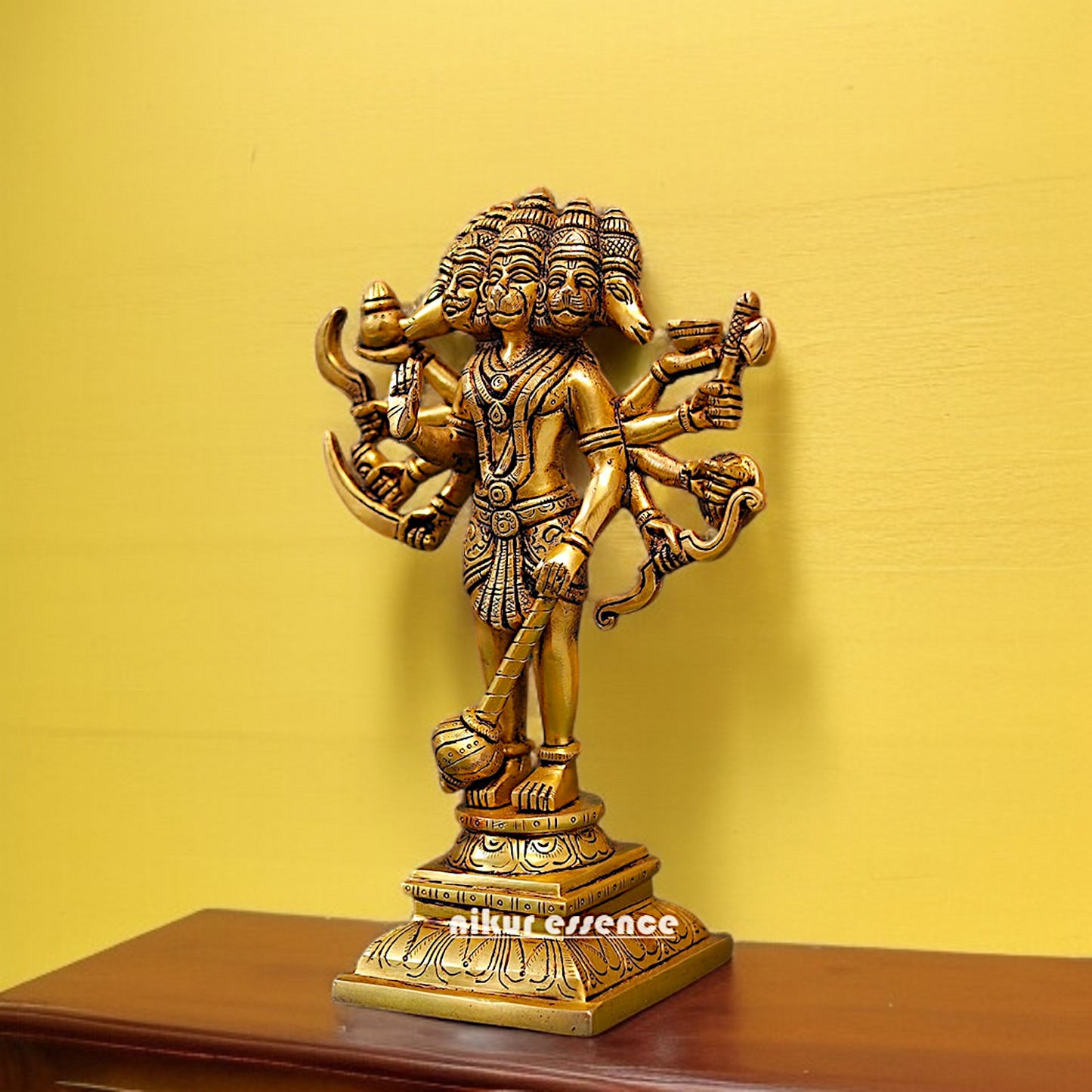 Panchmukhi Hanuman Standing with hold Gada solid brass idol - 11 Inches Nikuressence
