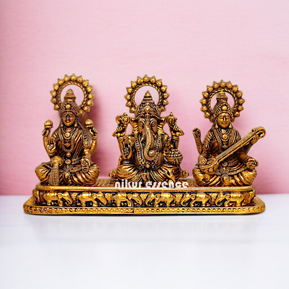 Ganesha Lakshmi Saraswati Seated Brass idol - 5.5 Inches Nikuressence