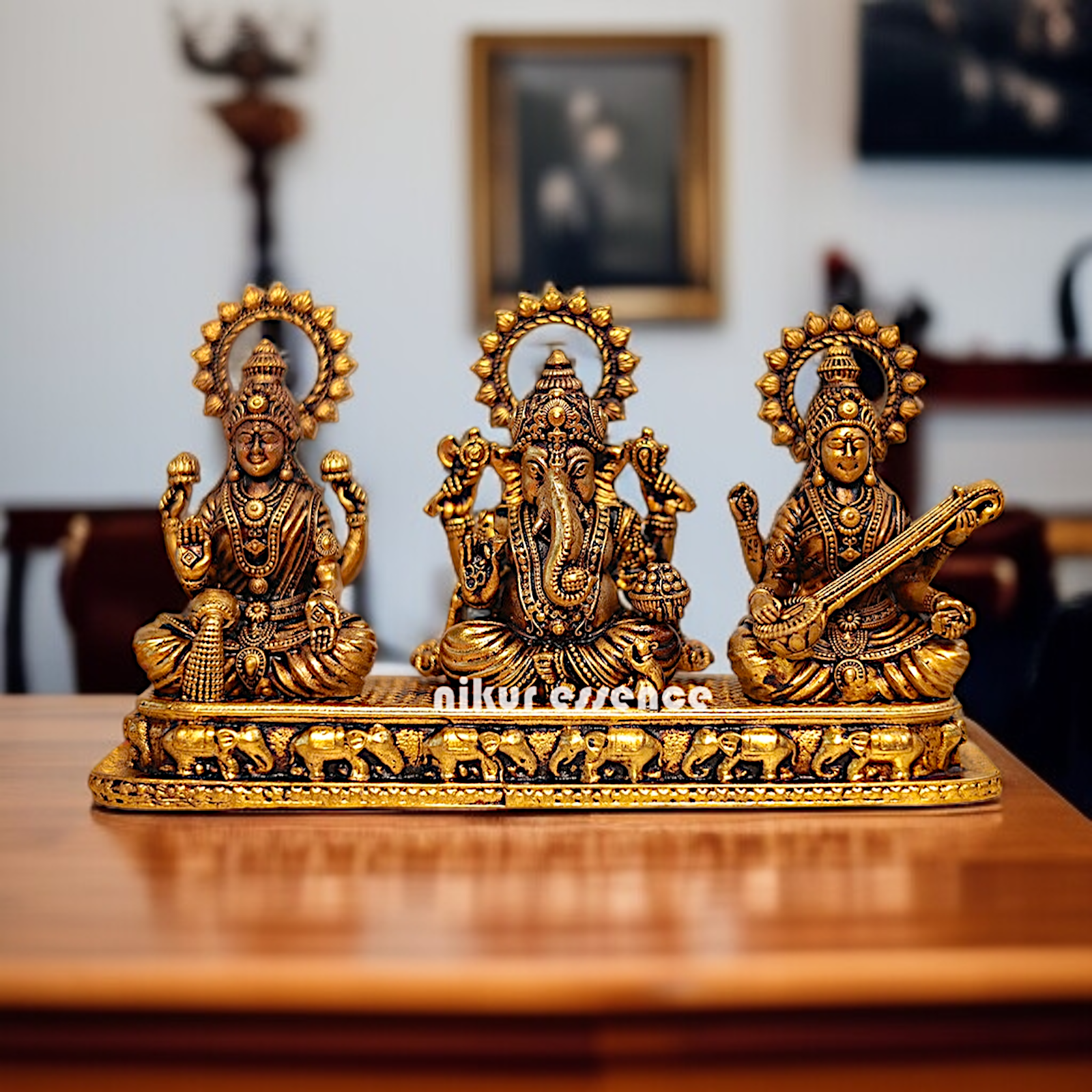 Ganesha Lakshmi Saraswati Seated Brass idol - 5.5 Inches Nikuressence