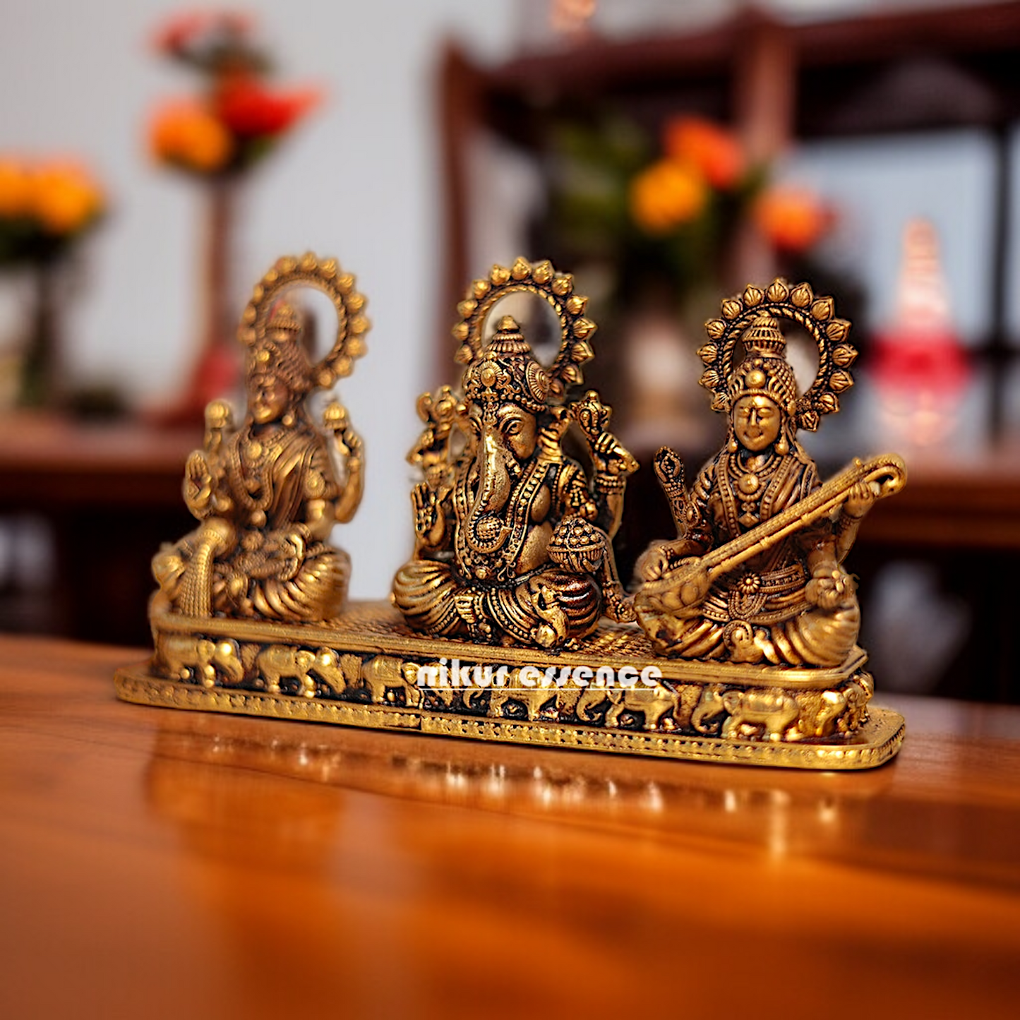 Ganesha Lakshmi Saraswati Seated Brass idol - 5.5 Inches Nikuressence